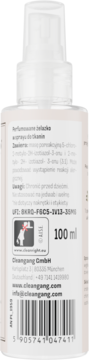 Tył białego sprayu Cleangang żelazko do tkanin 100 ml. Widoczna etykieta PL z ostrzeżeniami i kodem kreskowym.