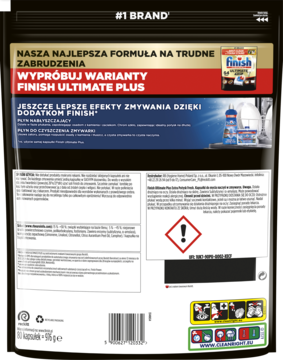 Tył czarnego opakowania Finish tabletek do zmywarki. Złote paski, czerwony pasek "Ultimate Plus", tekst o formule.