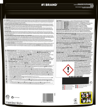 Tył czarnego opakowania tabletek do zmywarki z napisem #1 BRAND, instrukcją i symbolem ostrzegawczym.