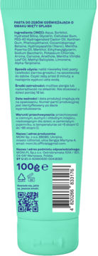 Tył zielonej pasty do zębów Splash z miętą, widoczna etykieta ze składnikami, kodem QR, wagą 100g.