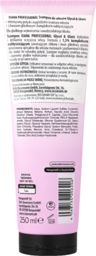 Tył różowego opakowania szamponu ISANA PROFESSIONAL Glycol & Glanz 250 ml z listą składników.