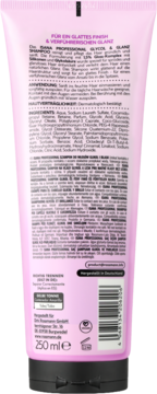 Tył różowej tuby Isana Professional Glycol & Glanz Szampon 250ml z niemieckim opisem i składem produktu.