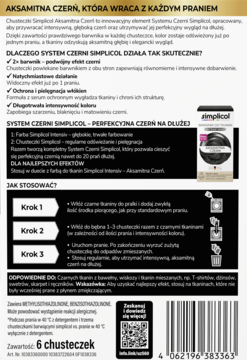 Tył opakowania Simplicol Aksamitna Czerń, 6 chusteczek do odświeżania czarnego koloru tkanin, instrukcje.