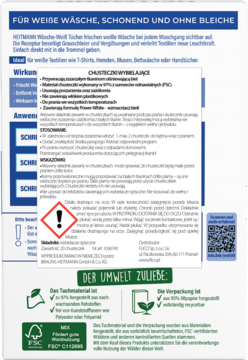 Tył biało-niebieskiego opakowania chusteczek wybielających do białego prania, z tekstem i symbolami ekologicznymi.