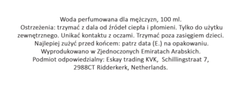 Tył opakowania z polskim tekstem: woda perfumowana dla mężczyzn 100ml, ostrzeżenia, data, producent.