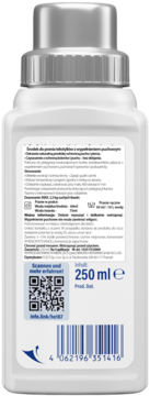 Tył białej butelki płynu do prania puchu 250ml, z polską etykietą, kodem QR i kreskowym na dole.