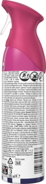 Tył różowego aerozolu Ambi Pur OdourClear 185ml, z białą butelką, widocznymi instrukcjami i symbolami bezpieczeństwa.