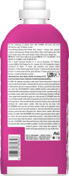 Tył różowego płynu Lenor Japanese Blossom Limited Edition, etykieta z wielojęzycznym tekstem i kodem kreskowym.
