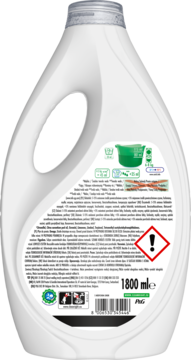 Tył białej butelki płynu do prania Ariel Japanese Blossom 1800 ml z etykietą, instrukcjami i ostrzeżeniami.