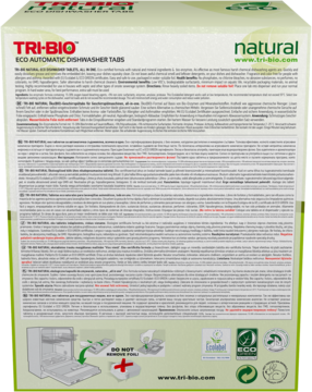 TRI-BIO natural Eco tabletki do zmywarek, tył opakowania z wielojęzycznym tekstem i zielonymi certyfikatami.