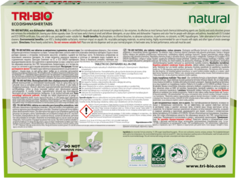 Tył opakowania ekologicznych tabletek TRI-BIO natural do zmywarek, z wielojęzycznym opisem i certyfikatami.