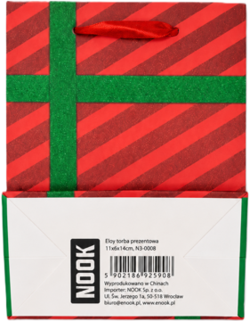 Świąteczna torba prezentowa Nook, czerwono-zielona w pasy, z czerwoną rączką, widok z przodu. Widoczny kod EAN.