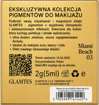 Tył złocistego opakowania pigmentu do makijażu Glamtes Miami Beach 03, z opisem, kodem QR i kodem kreskowym.