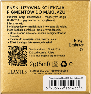 Tył złotego opakowania pigmentu Glamtes Rosy Embrace 02. Widoczny opis, kod kreskowy i QR code.