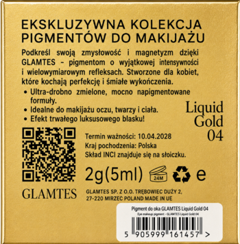 Tył złotobrązowego pudełka pigmentu GLAMTES Liquid Gold 04, z polskim opisem produktu i kodem QR.