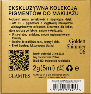 Tył złotego opakowania GLAMTES Golden Shimmer 06, pigmentu do makijażu, z opisem, kodem QR i kodem kreskowym.