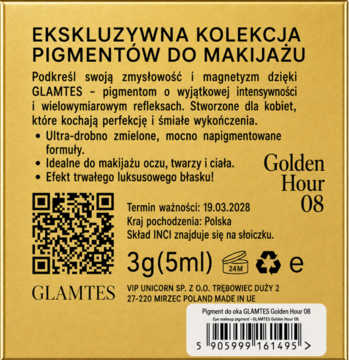 Tył opakowania sypkiego pigmentu GLAMTES Golden Hour 08, 3g. Widoczne informacje, ciepły złoto-brzoskwiniowy odcień.