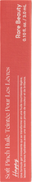 Rare Beauty Soft Pinch Tinted Lip Oil, shade Happy, coral pink box, 0.10 fl oz, vertical view.