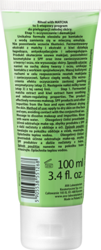 Tył zielonej tubki Matcha Rituals Oleogel Cleanser 100ml. Opis programu, składników, widoczny kod kreskowy.