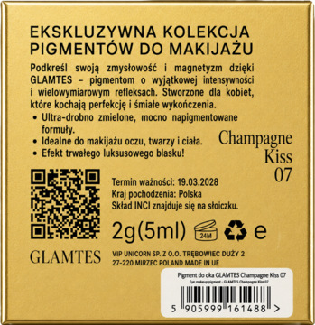 Tył złotego opakowania pigmentu do makijażu Glamtes Champagne Kiss 07, z opisem produktu, kodem QR i kreskowym.