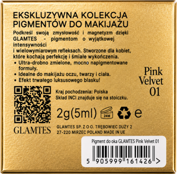 Złoty kartonik pigmentu Glamtes Pink Velvet 01, widok tyłu z opisem, kodem kreskowym i logo producenta.