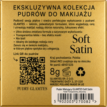 Tył złotego kartonika pudru transparentnego Glamtes Soft Satin 8g z tekstem, QR kodem i kodem kreskowym.