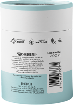 Tył cylindrycznego opakowania Zdrovaśki Na sierść dla psów, 200g. Biało-niebieskie, z hasłami "Bez zbóż", "Tłoczone na zimno".