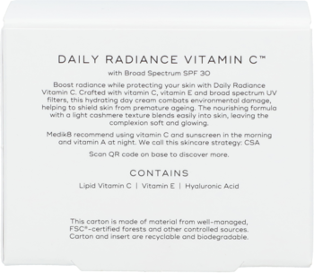 Tył białego kartonika Daily Radiance Vitamin C z Broad Spectrum SPF 30, widoczny opis i lista składników.