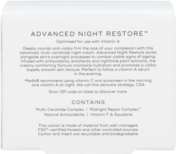 Tylne opakowanie kremu na noc Advanced Night Restore. Białe pudełko z listą składników i opisem działania.