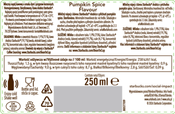 Tylna etykieta napoju Starbucks Pumpkin Spice Flavour 250 ml. Widoczne szczegółowe dane o składzie i wartościach odżywczych.