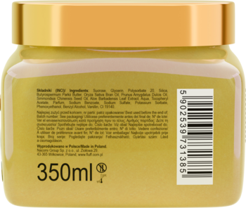 Tył złoto-żółtego opakowania kosmetycznego 350ml, z wyraźną etykietą składników i kodem kreskowym.
