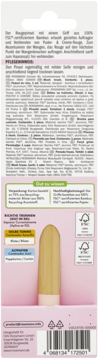 Tył różowego opakowania pędzla do różu z bambusową rączką, z informacjami o składnikach i recyklingu.