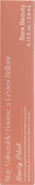 Rare Beauty Stay Vulnerable glossy lip balm, Nearly Petal shade, peach box with white text, upright view.