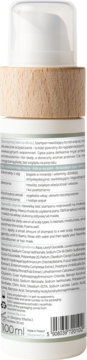 Tył białego cylindrycznego szamponu nawilżającego 100ml, z drewnianym detalem, etykietą ze składnikami i kodem kreskowym.