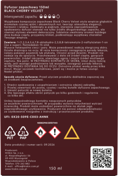 Tył ciemnobrązowego opakowania dyfuzora zapachowego Black Cherry Velvet 150ml, z informacjami o użyciu.