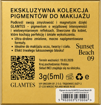 Tył opakowania pigmentu Glamtes Sunset Beach 09. Złota ramka, kod QR, polski opis, info o składzie, dane producenta.