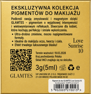 Tył złotego opakowania pigmentu GLAMTES Love Sunrise 10. Widoczny opis, kod QR i kod kreskowy produktu różowo-złotego.