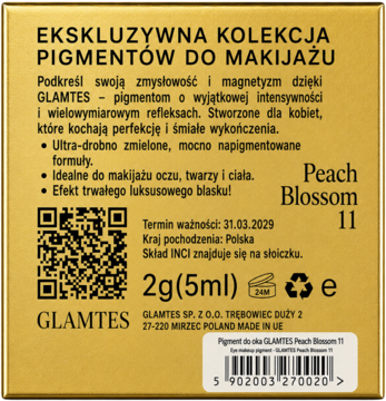 Tył złotego opakowania pigmentu Glamtes Peach Blossom 11 z opisem, kodem kreskowym i danymi producenta.