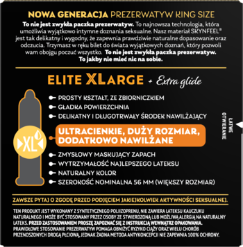 Tył opakowania SKYN KING Elite XLARGE Extra Glide: czarno-pomarańczowe, z opisem ultracienkich, nielateksowych prezerwatyw nawilżanych.