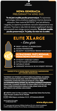 Tył czarnego opakowania SKYN KING Elite XLARGE Extra Glide: nielateksowe, ultracienkie prezerwatywy 56mm, dodatkowo nawilżane.