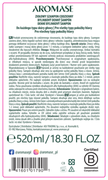 Tył butelki Aromase Ziołowy Szampon Codzienny z aloesem, opis i pojemność 520ml, dla każdego typu skóry głowy.