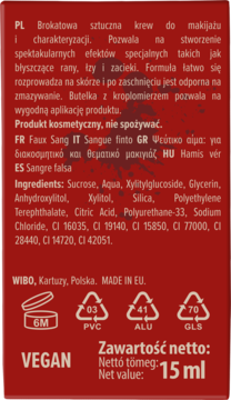 Tył czerwonego opakowania brokatowej sztucznej krwi do makijażu WIBO 15ml, z listą składników.
