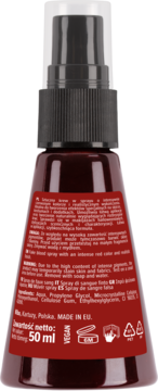 Sztuczna krew w sprayu, butelka 50ml, czerwona, z czarnym atomizerem, tył z etykietą, składem, Vegan.