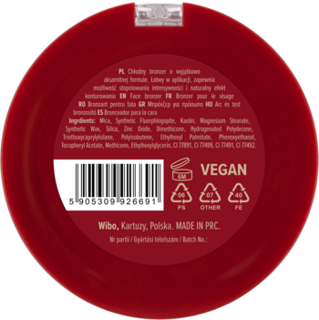 Tył czerwonego, okrągłego bronzera o aksamitnej formule z widocznym składem, kodem kreskowym i napisem VEGAN.