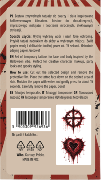 Tył opakowania zmywalnych tatuaży na Halloween. Opis i instrukcja, obok czerwono-czarny symbol i krwawiące serce.