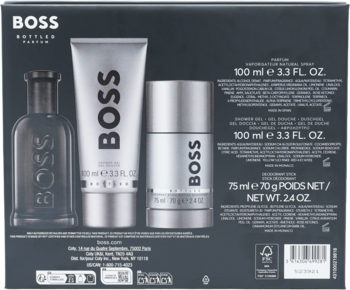 Tył zestawu Hugo Boss Bottled Parfum z butelką 100ml, żelem pod prysznicem 100ml i dezodorantem 75g.