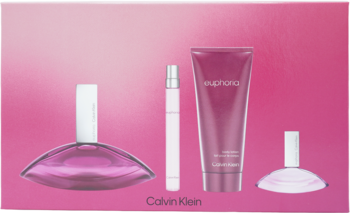 Calvin Klein Euphoria Women gift set: cztery różowe flakony perfum i balsam do ciała, ułożone na różowym tle.