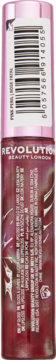 Tył błyszczyka Revolution Beauty London w różowym opakowaniu z widocznym kodem kreskowym i składem.