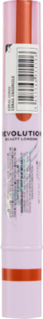Tył koralowej pomadki Revolution Beauty London, jasnoróżowa tuba z pomarańczowymi końcówkami, kod kreskowy.