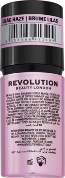 Tył różowego opakowania Revolution Beauty London Face & Body Shimmer Topper Lilac Haze z kodem kreskowym.